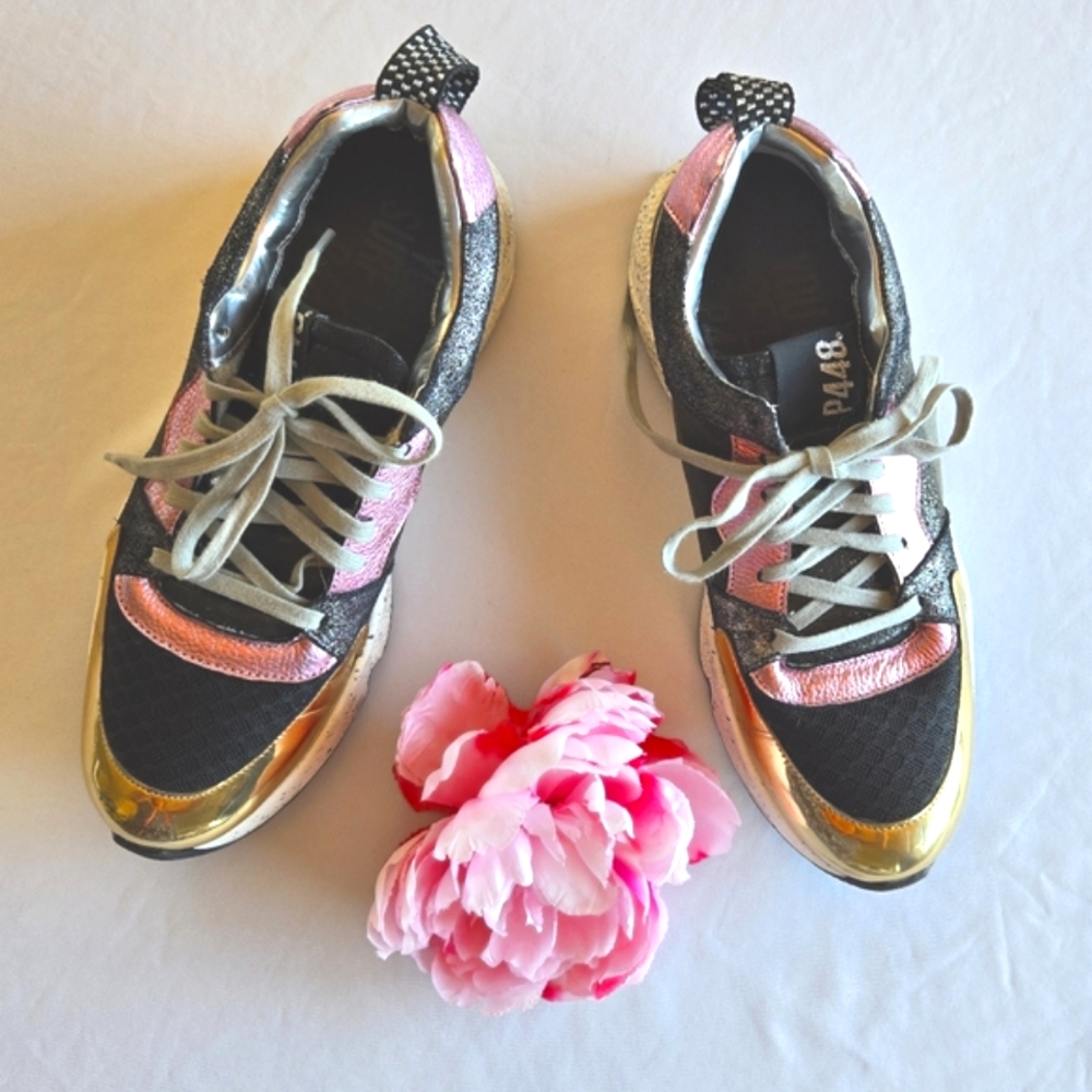💜P448 Womens Mixed Media Alex Metallic Leather Lace-Up  Sneakers Size 40 - Picture 4 of 10